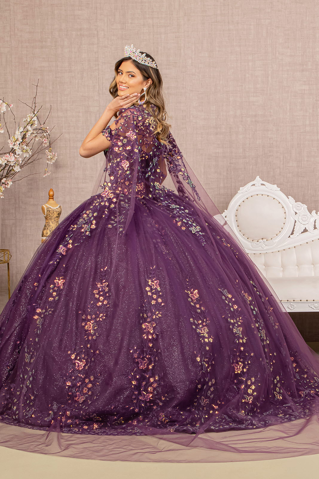 3-D Butterfly Sheer Bodice Quinceanera Gown Long Mesh Cape GLGL3171