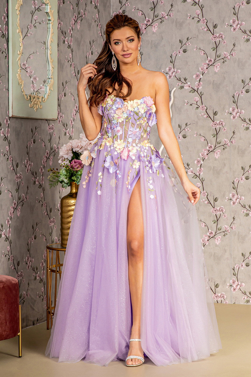3 D Flower Glitter Mesh A line Long Dress Long Sleeves GLGL3233 SMCDress