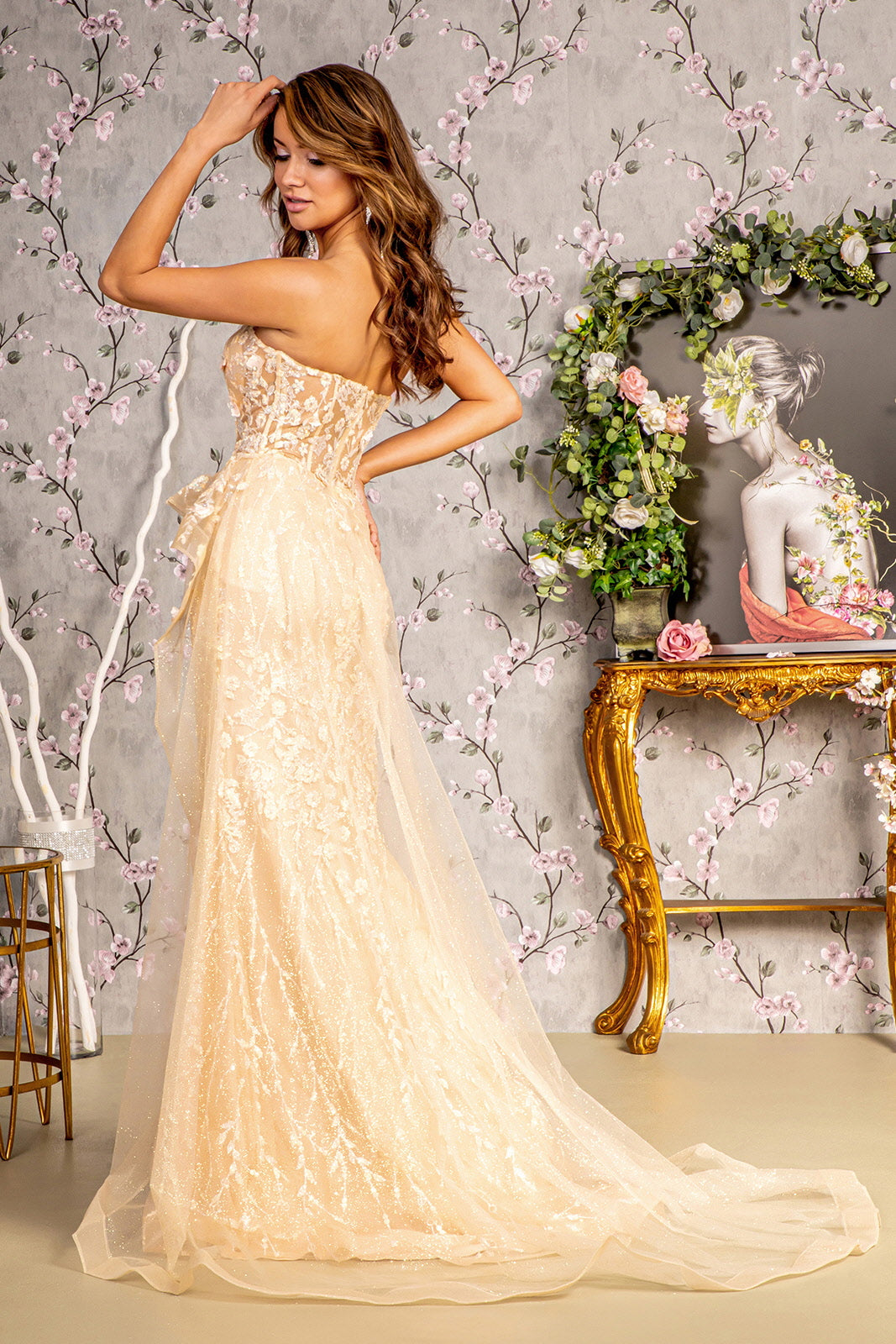 Jewel Sheer Bodice Mesh Mermaid Long Dress Waist Drape