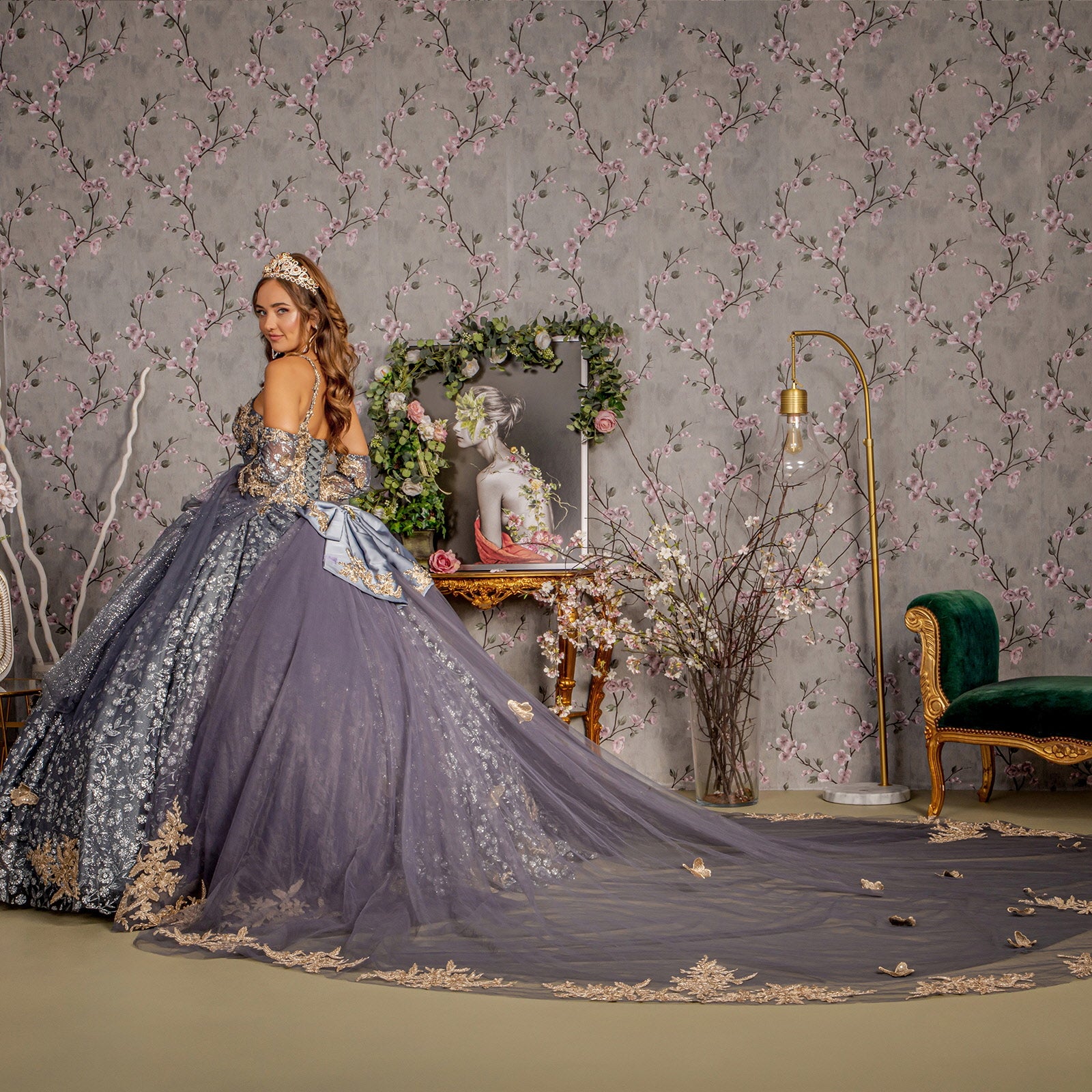 Metallic 3-D Butterfly Big Ribbon Mesh Ball Gown Waist Drape