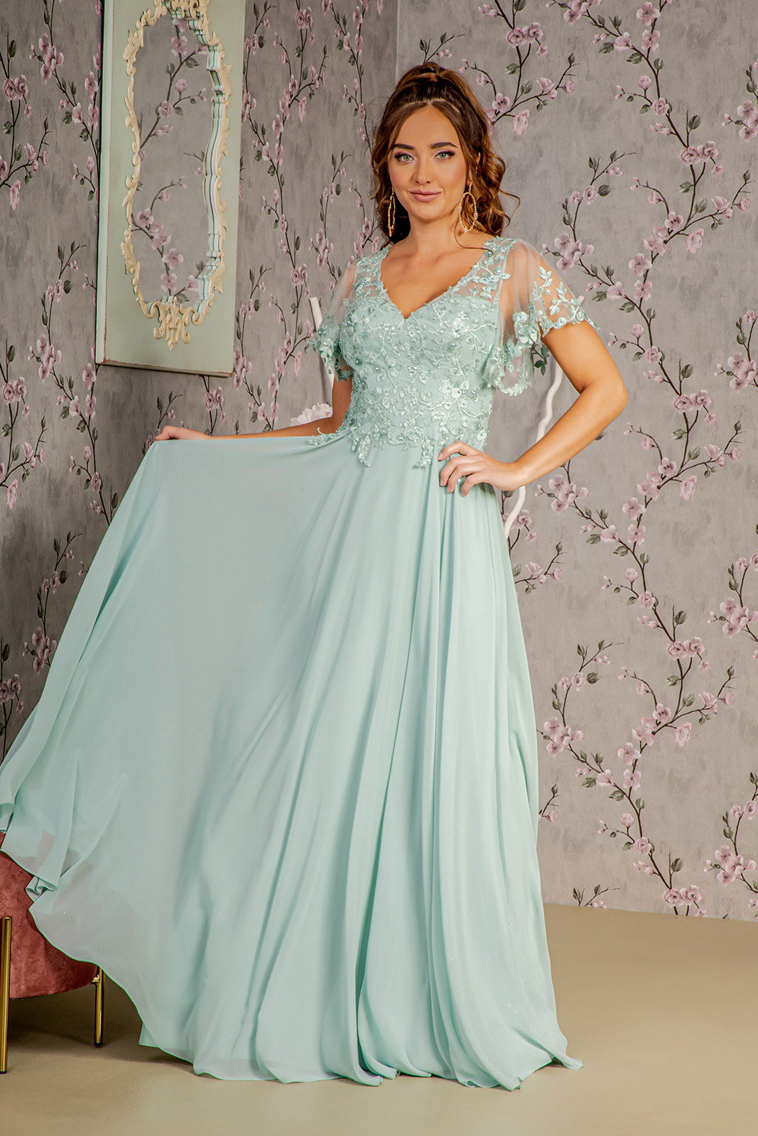 3-D Flower Embroidery Chiffon A-line Long Dress Sheer Short