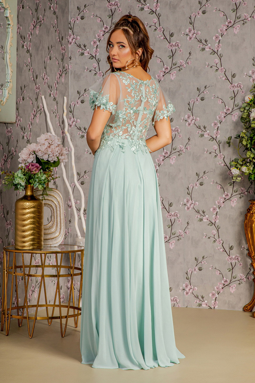 3-D Flower Embroidery Chiffon A-line Long Dress Sheer Short