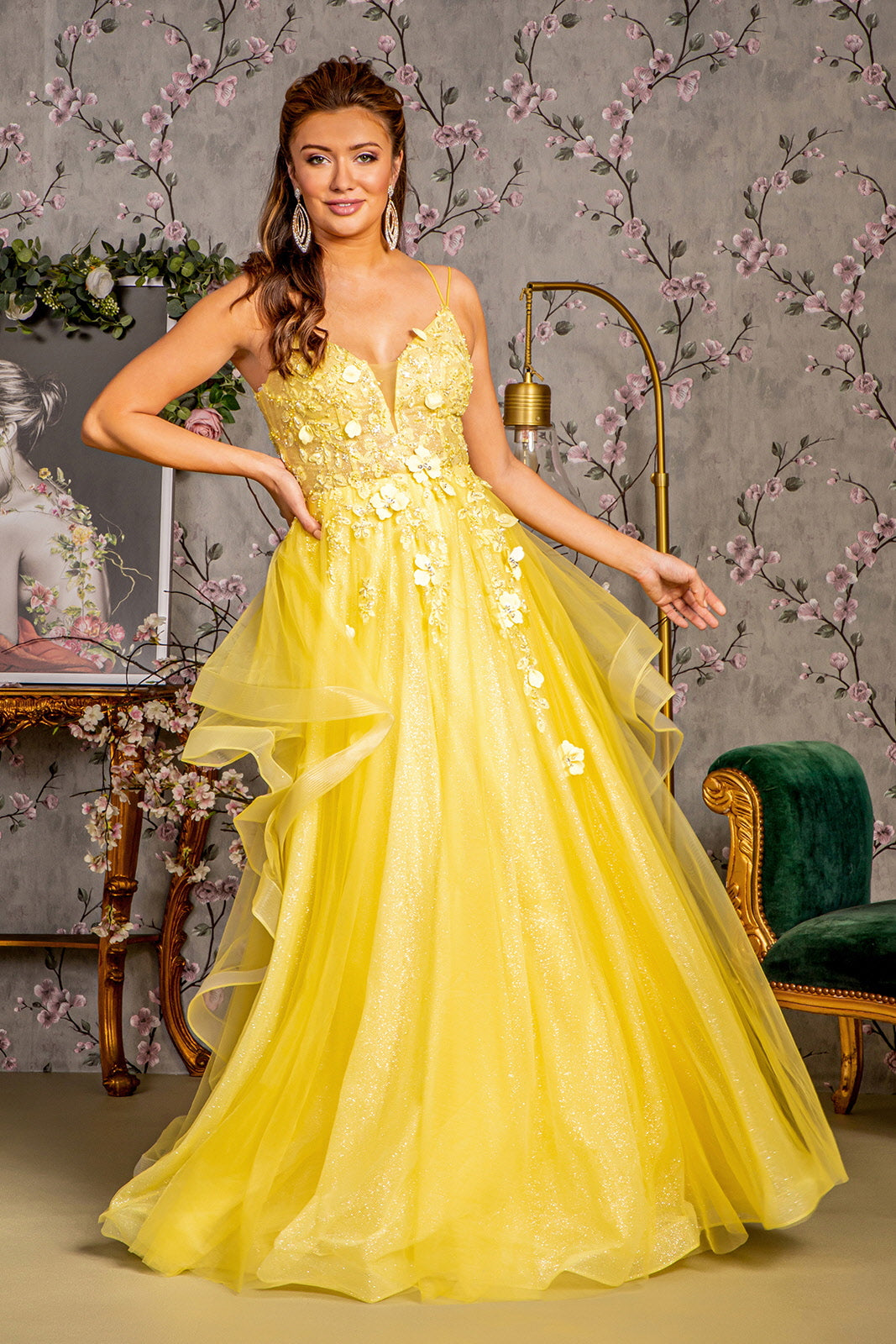 Bead Sequin Mesh A-line Long Dress Ruffled Layered Back GLGL3356
