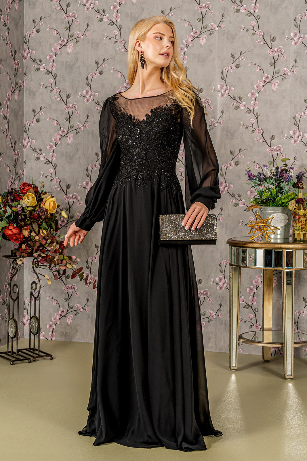Floral Embroidery Sheer Boat Neckline Chiffon A-line Long Dress GLGL3363 | SMCDress Floral Embroidery Sheer Boat Neckline Chiffon A-line Long Dress GLGL3363 | SMCDress