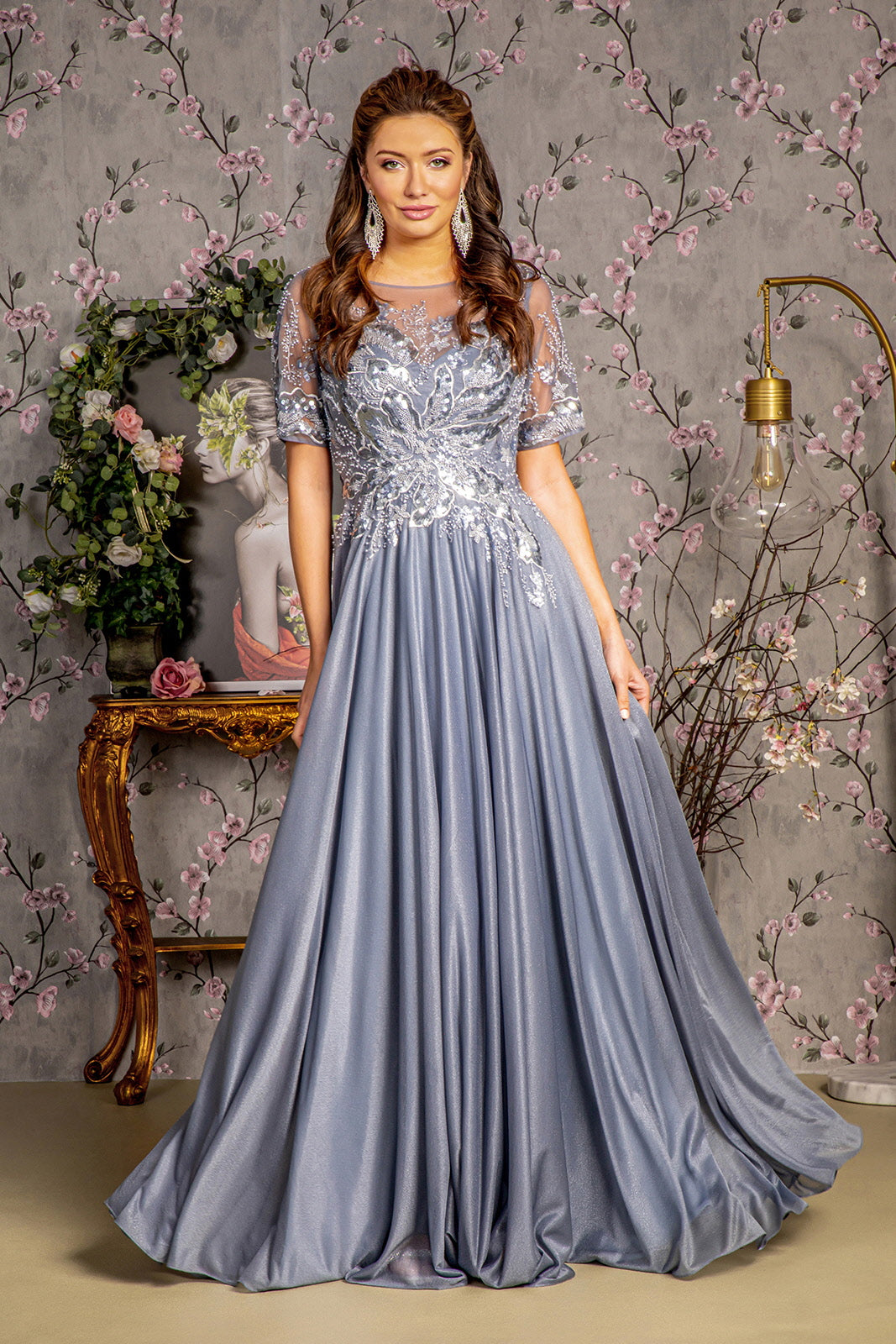 Metallic Embroidery Sheer Neckline Glitter Crepe A-line Long Dress GLGL3444 