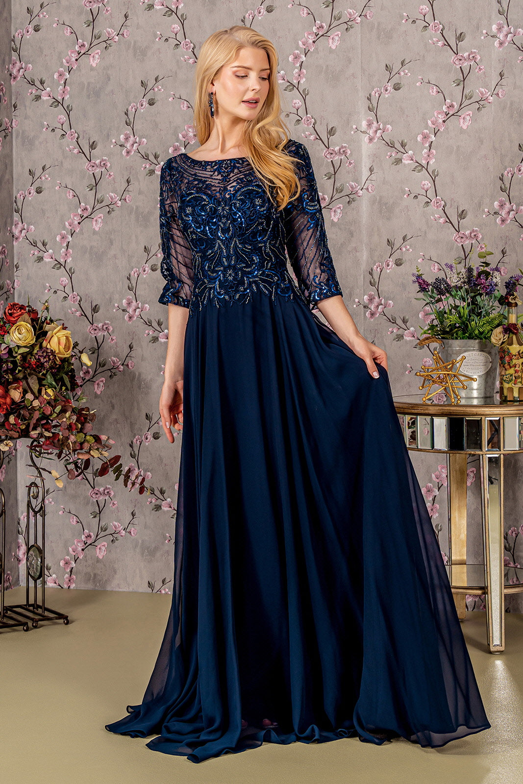 Sequin Embroidered 3/4 Sleeve Gown by GLS Gloria GL3446 - Navy / M Sequin Embroidered 3/4 Sleeve Gown by GLS Gloria GL3446 - Navy / M