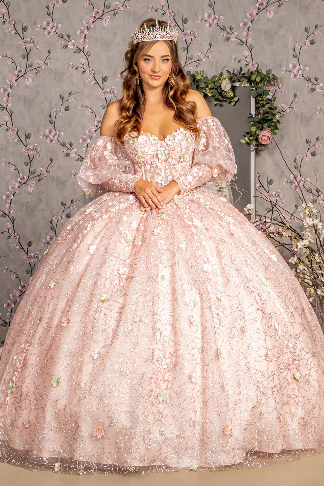 GLSC Detachable Big Ribbon Glitter Mesh Ball Gown Long Puff Sleeves GLGL3466 XL Blush