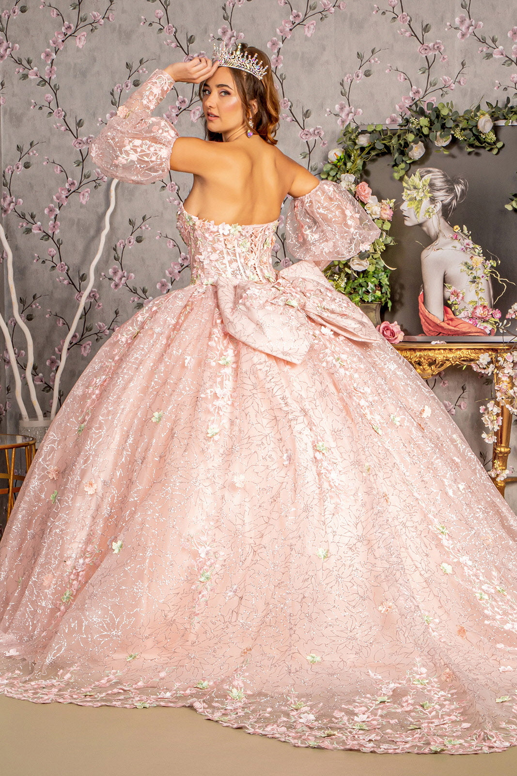 Detachable Big Ribbon Glitter Mesh Ball Gown Long Puff Sleeves GLGL3466