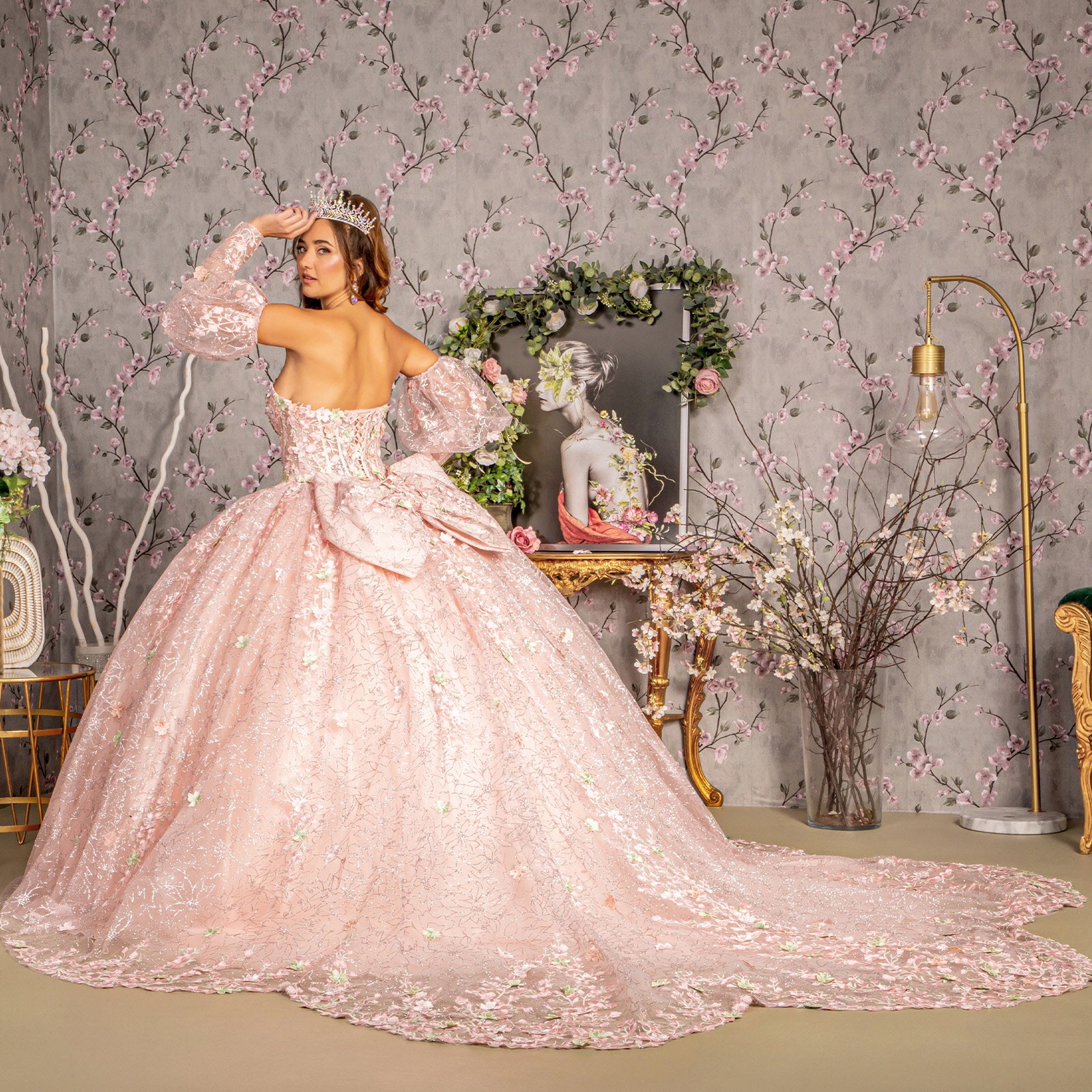 ★NOFFICIALNOFFICE★SHEER MESH RIBBON DRESS PEACH★正規品 Flower Applique Sheer Front Cut-out Side Mesh A-line Long