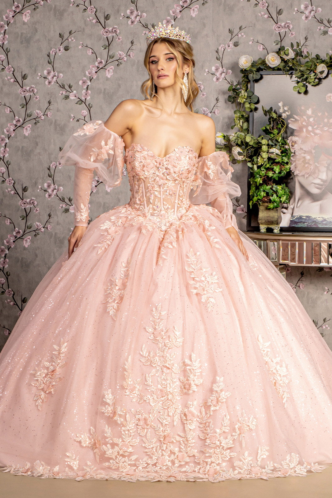 Glitter Embroidery Sheer Bodice Mesh Ball Gown Long Puff Sleeves GLGL3476 | SMCDress Glitter Embroidery Sheer Bodice Mesh Ball Gown Long Puff Sleeves GLGL3476 | SMCDress
