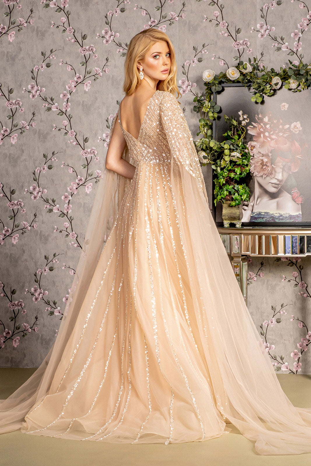 Bead Sequin Mesh A-line Long Dress Side Cape Long Sleeves GLGL3494 | SMCDress Bead Sequin Mesh A-line Long Dress Side Cape Long Sleeves GLGL3494 | SMCDress