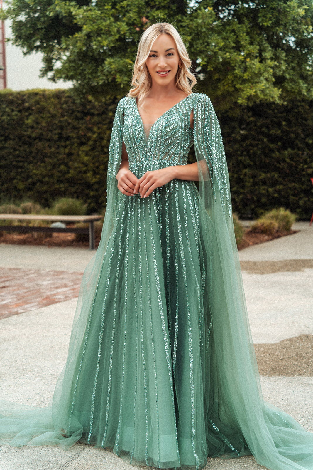 mesh sleeve long dress Bead Sequin A-line Side Cape Long Sleeves GLGL3494 Size:XL Swatch:#cacacc elegant ruched detailing Maxi Dresses Modern Maxi