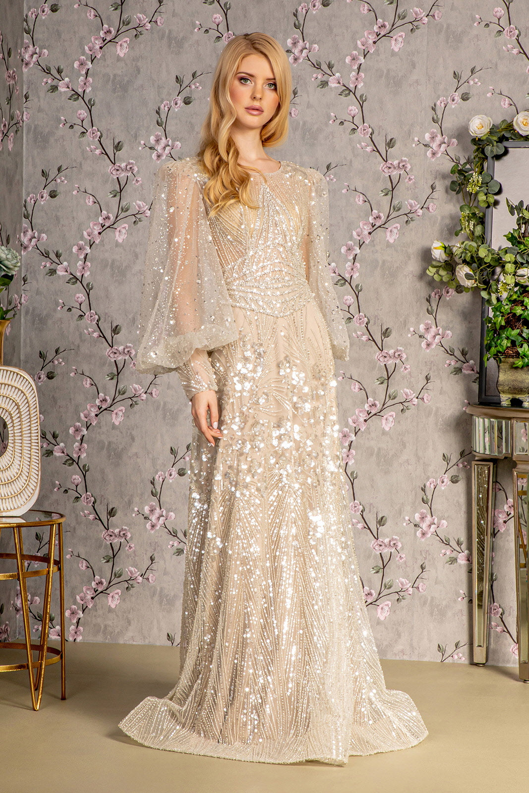 Bead Sheer Bodice Mesh A-line Long Dress Sheer Puff Sleeves GLGL3497 | SMCDress Bead Sheer Bodice Mesh A-line Long Dress Sheer Puff Sleeves GLGL3497 | SMCDress