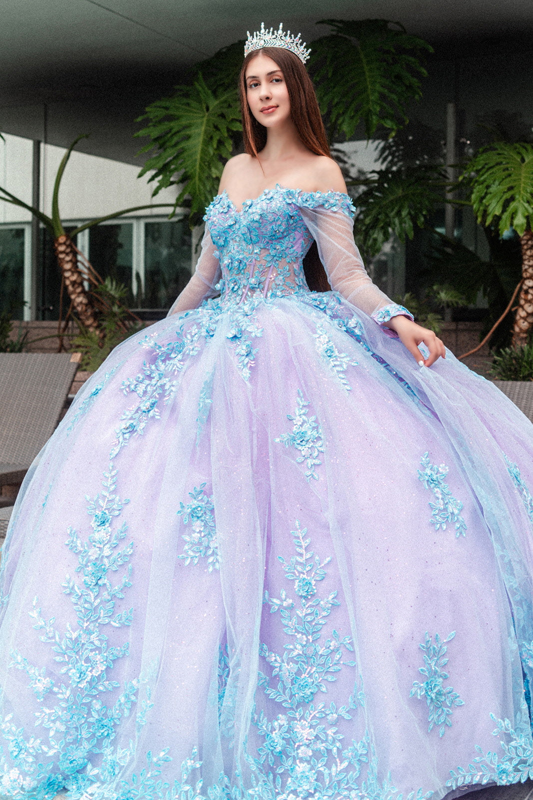 Lavender Blue Off-Shoulder Princess Ball Gown with Floral Appliqué