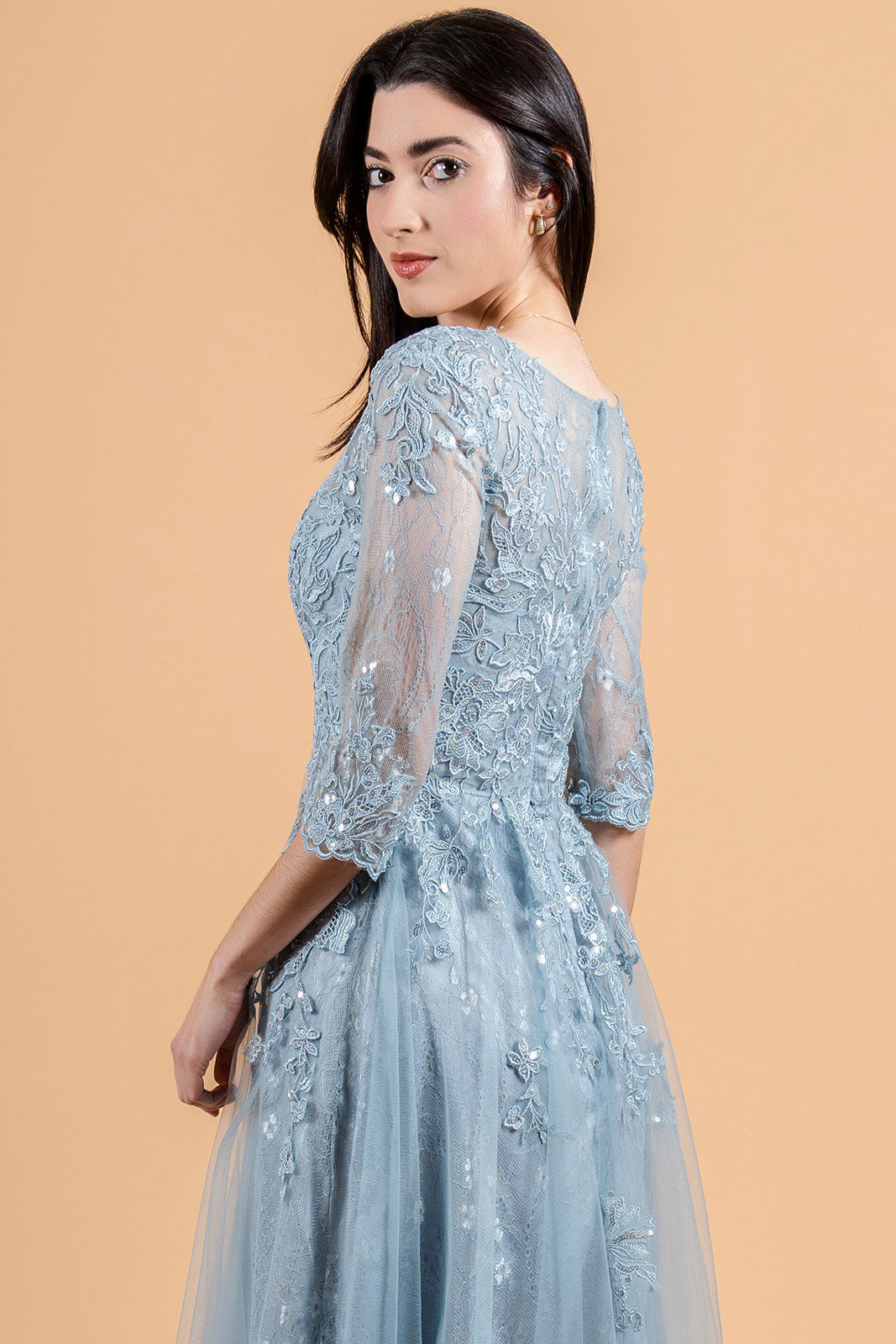 Dusty Blue A-Line Evening Gown | 3/4 Sleeve Lace Bodice Dress with Tulle Overlay | Modest Formal Dress GL3629