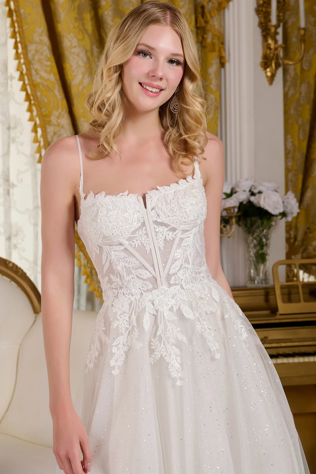 Boat Neckline Corset A-Line Wedding Gown GLGL3663