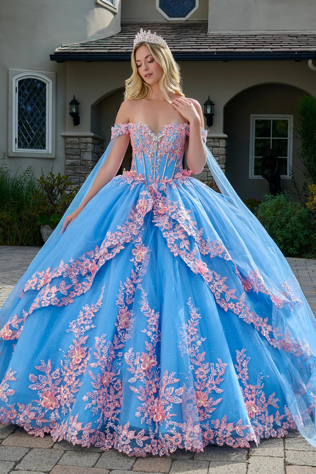 luxury a fabric for dress Dreamy Blue Ball Gown Gown GLGL3708 and high Oblique Jacquard Short Sleeve collection::womenclothing Color:Navy Rose Gold