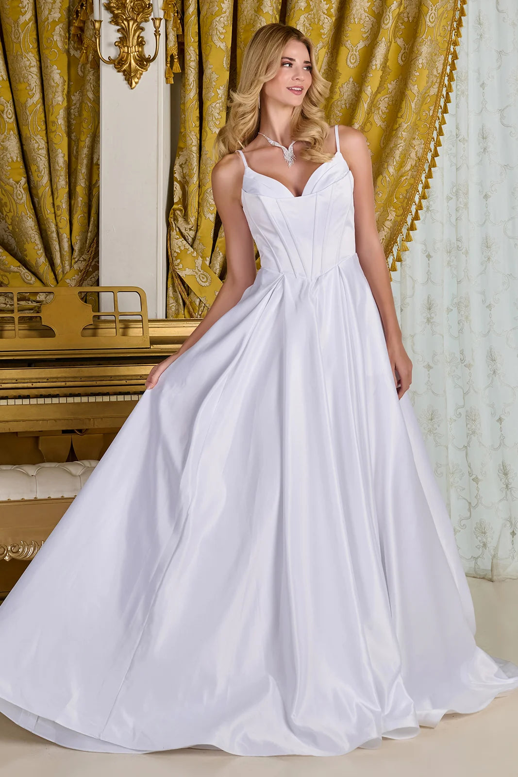 Spaghetti straps v neckline satin pleated detail a line wedding dress train with corset cover layer GLGL3716