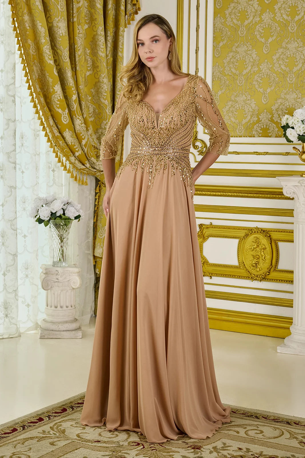 Majestic Gold Chiffon A-Line Gown GLGL3796