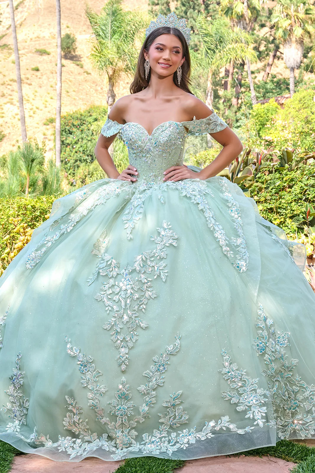 Majestic Sage Green Ruffle Ball Gown Gown GLGL3815