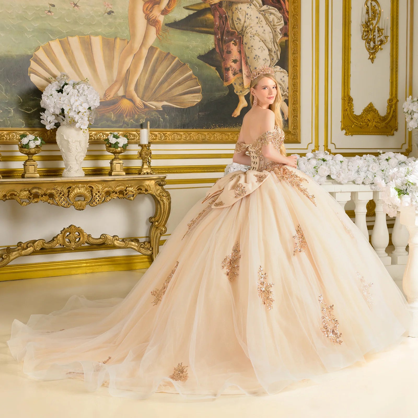 Off shoulder corset bodice with bejeweled grommets train gown with detachable back bow GLGL3816