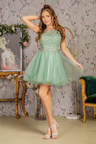 Lace Illusion Top A-line Short Dress with Beaded Waist GLGS2375 – SMCDress Lace Illusion Top A-line Short Dress with Beaded Waist GLGS2375 – SMCDress