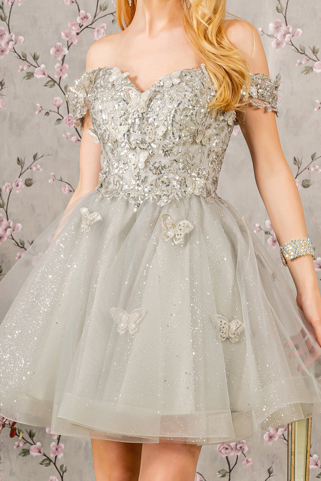 Butterfly Applique Sequin Mesh Babydoll Dress Sheer Straps