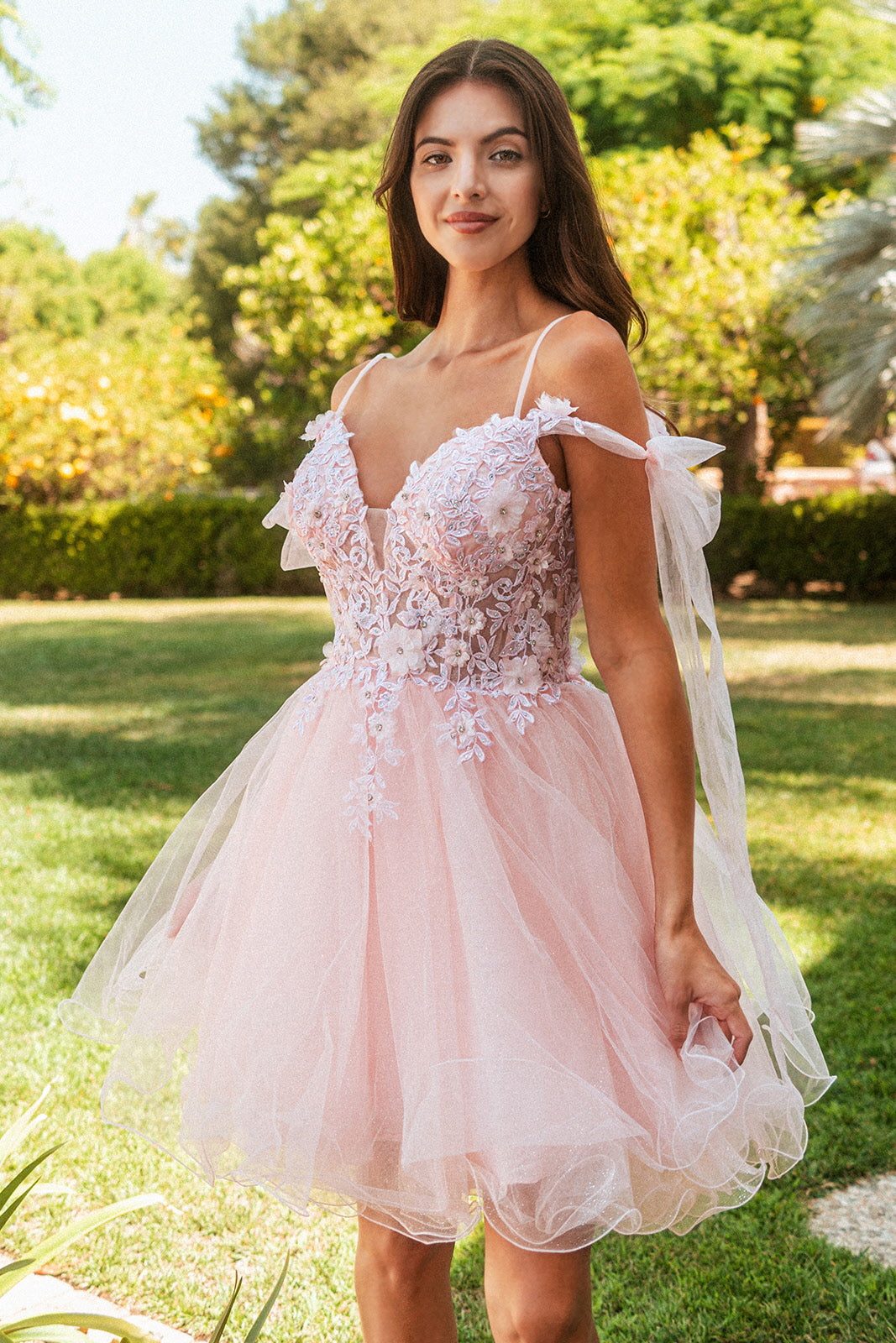 Whimsical Floral Embroidered Short Tulle Dress with Bow