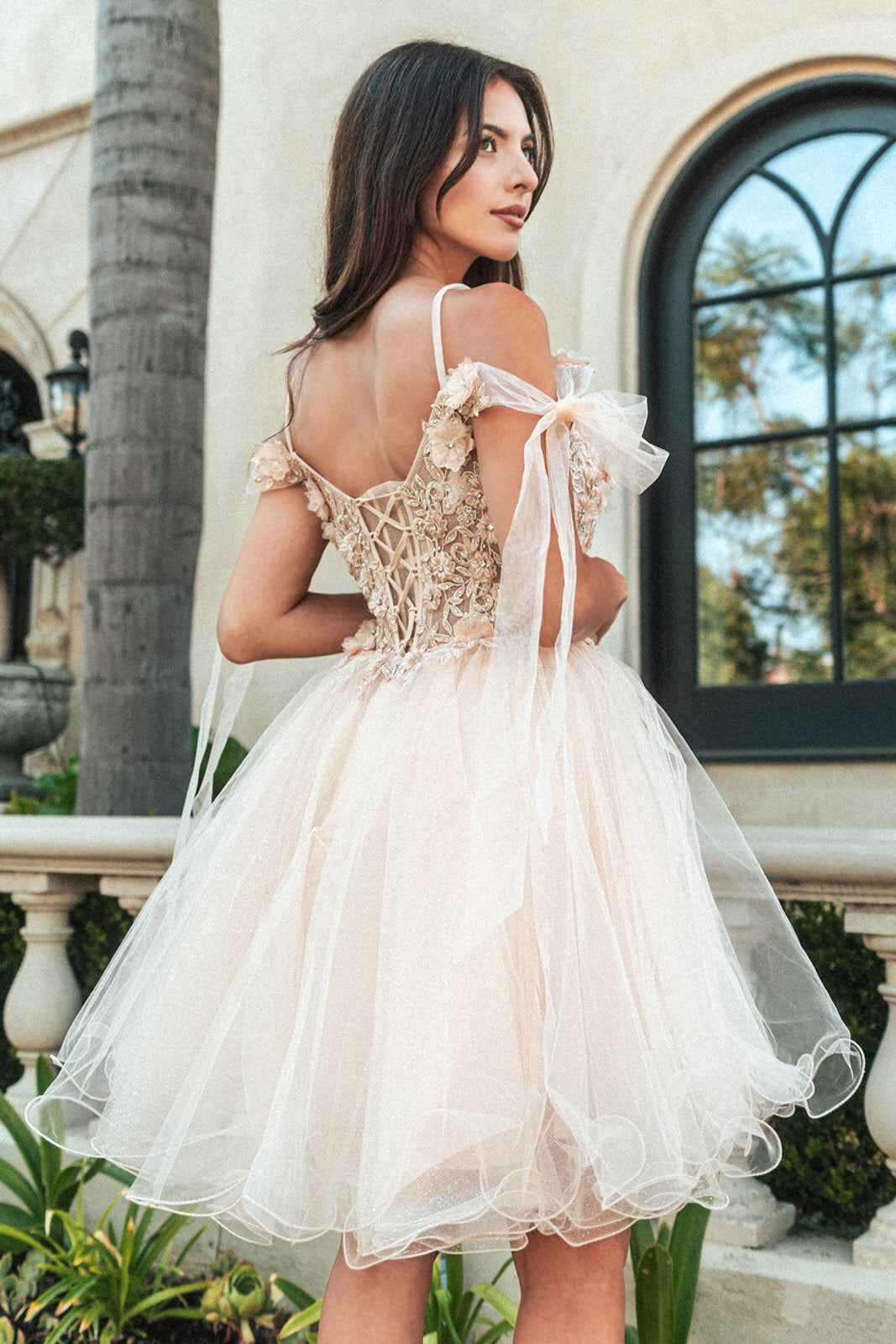 Whimsical Floral Embroidered Short Tulle Dress with Bow