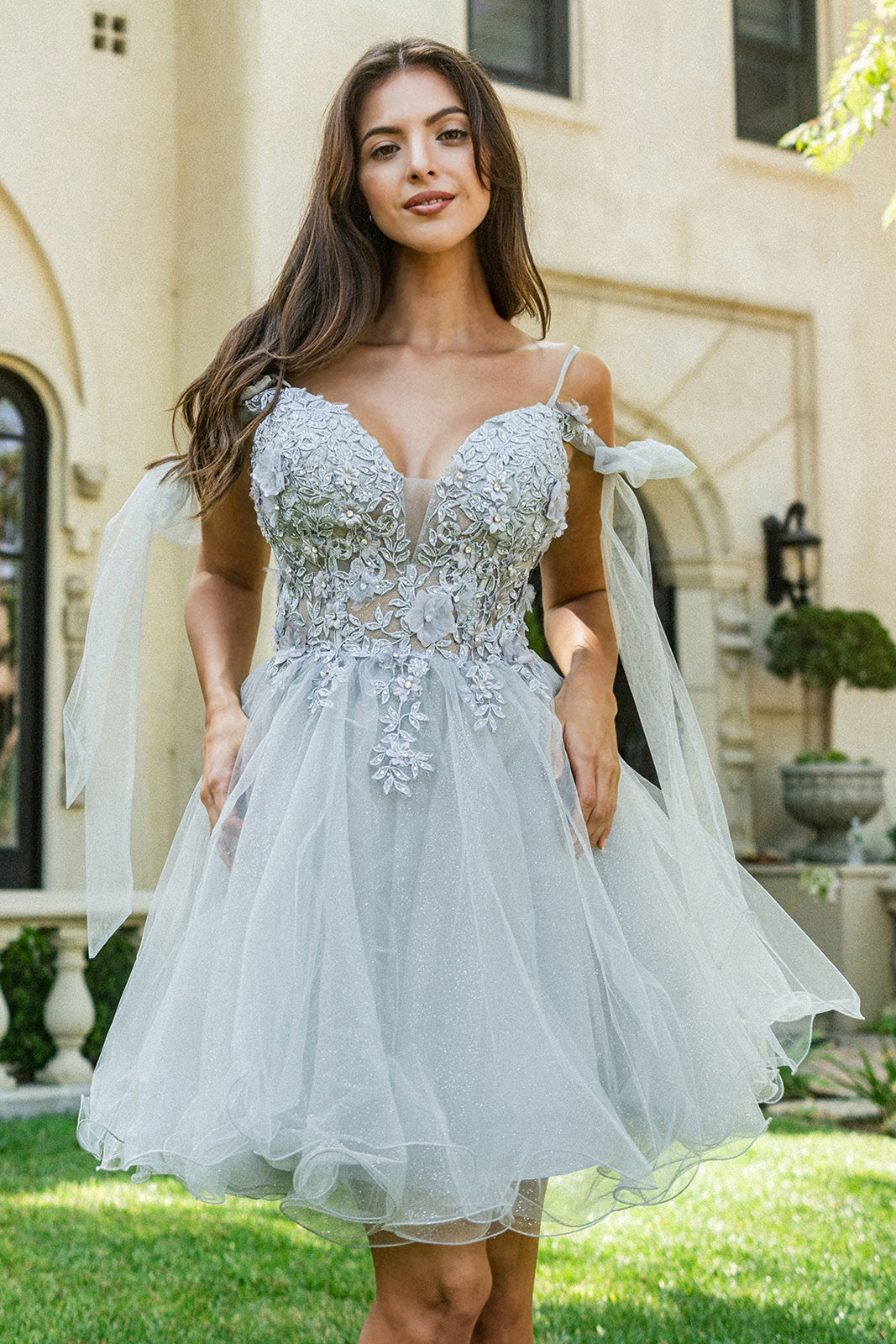 Whimsical Floral Embroidered Short Tulle Dress with Bow