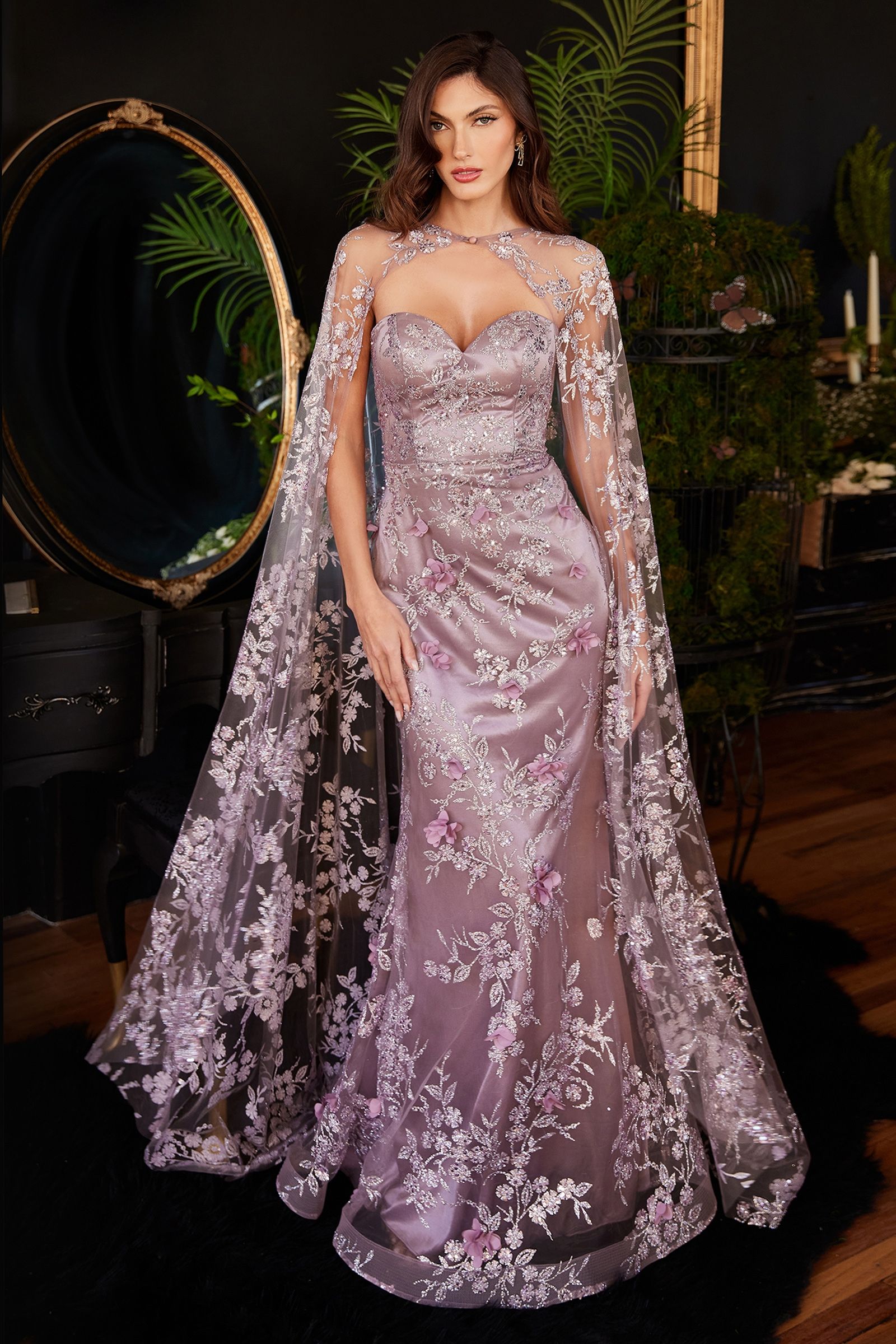 STRAPLESS FITTED GOWN WITH LACE CAPE CDJ834 | SMCDress