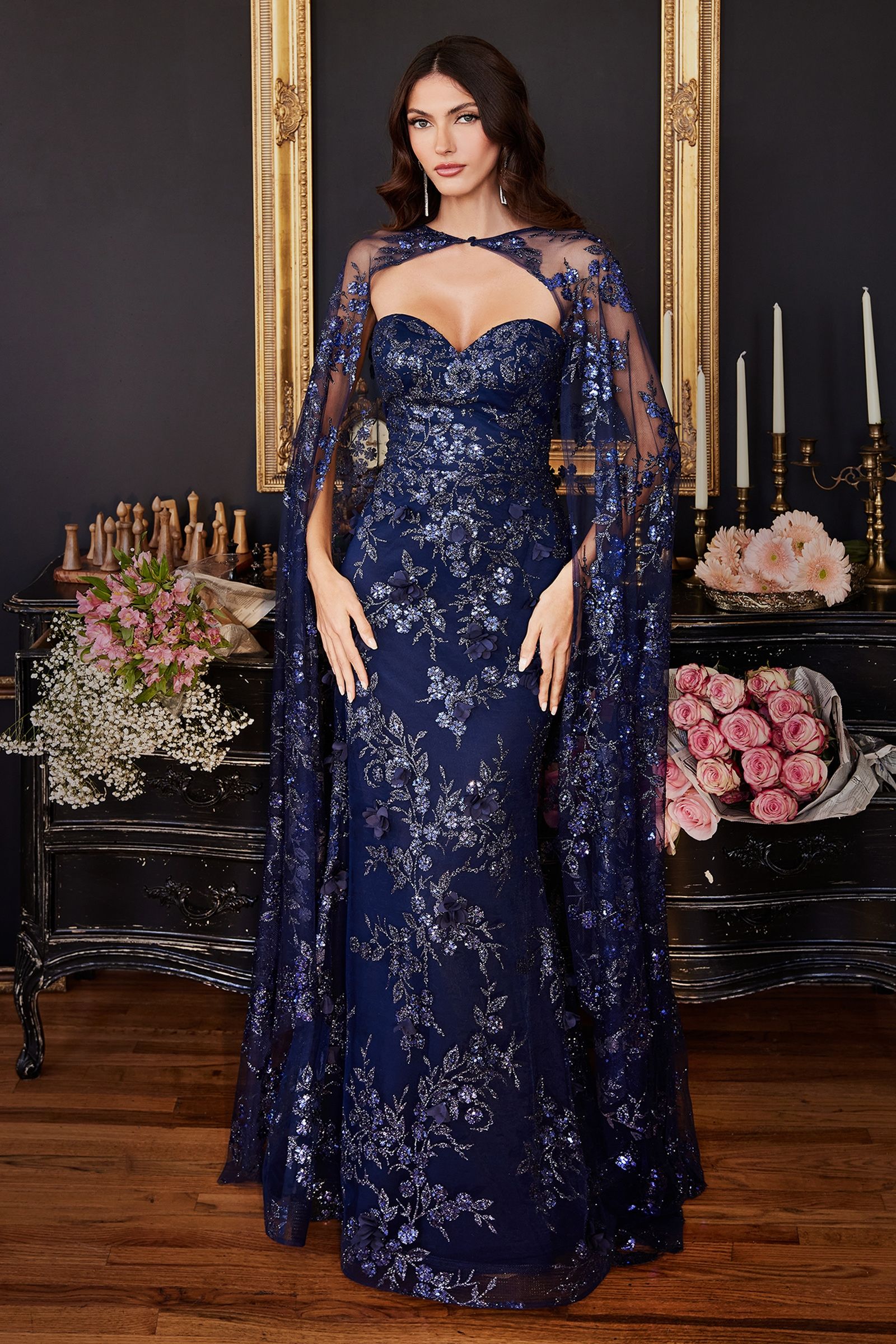 上品な Lilac, Navy Cape Sheer with Gown Embroidered Gold Rose & トップス