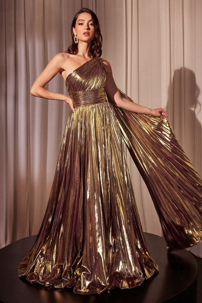 Metallic Gold Pleated One-Shoulder Gown | Shimmering