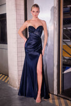 Luxurious Navy Satin Fitted Gown CDJ899 - Cinderella Divine Prom Dress