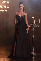 Embellished Noir Gown: Chiffon, Sheer Corseted, Sequined Bodice, Red carpet Slit-smcdress