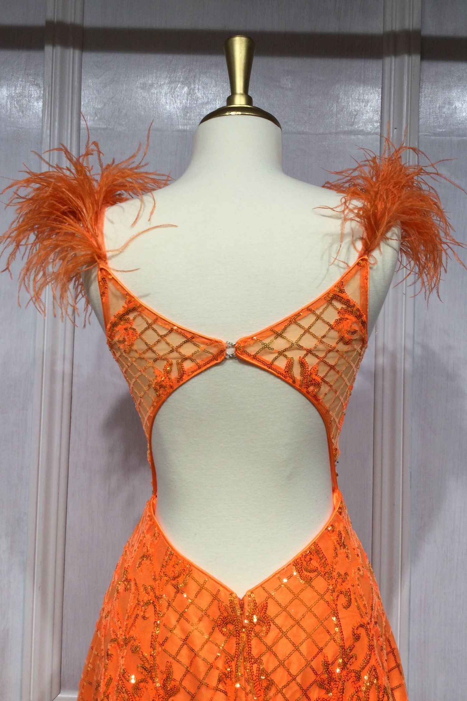 NEON ORANGE BALL GOWN WITH FEATHERS CDKV1076 | SMCDress