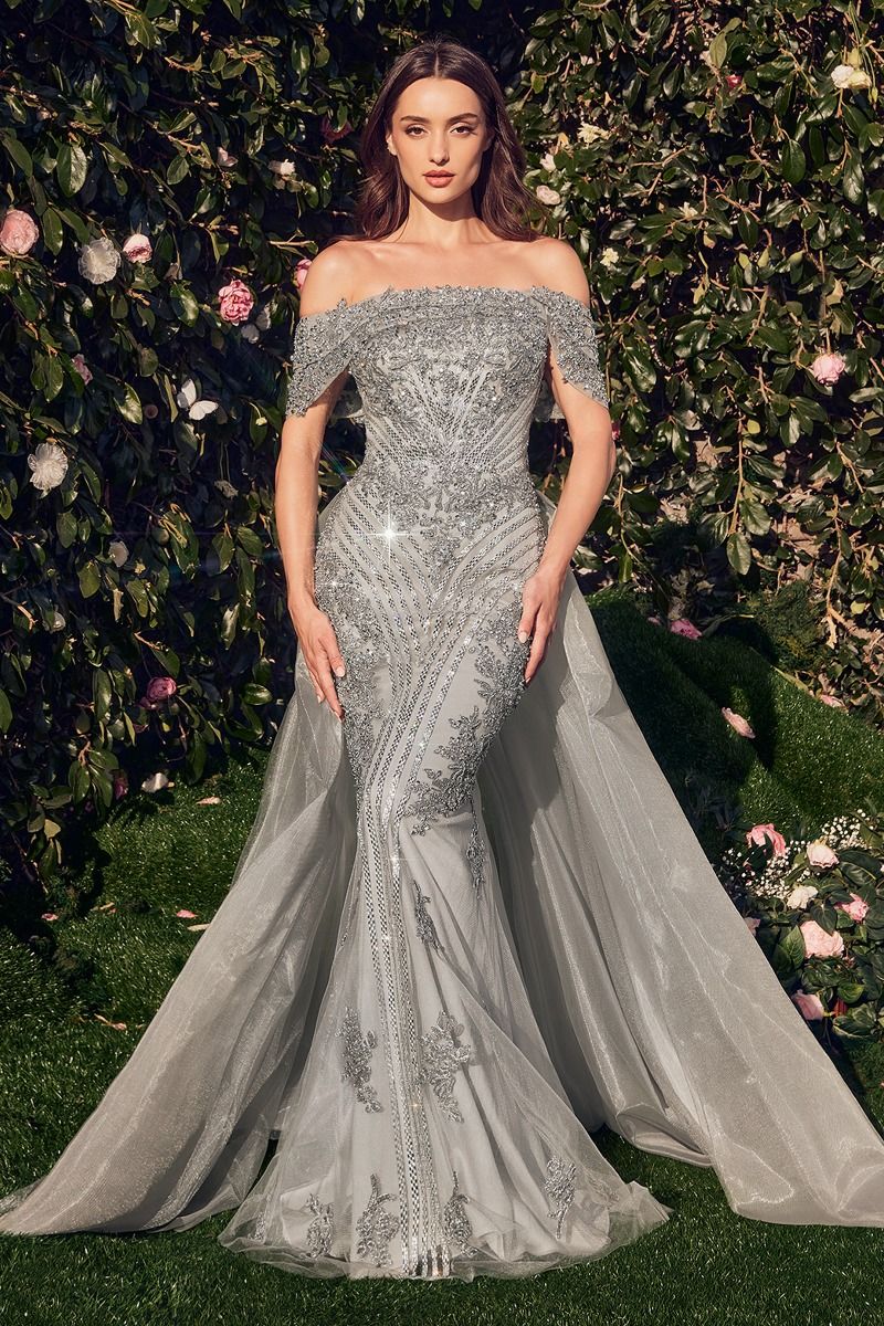 Silver Off-Shoulder Embellished Mermaid Gown with Sheer Overskirt | SMCDress Silver Off-Shoulder Embellished Mermaid Gown with Sheer Overskirt | SMCDress