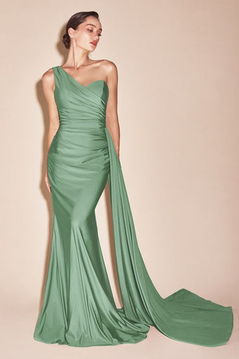 One Shoulder Emerald Satin Evening Dress