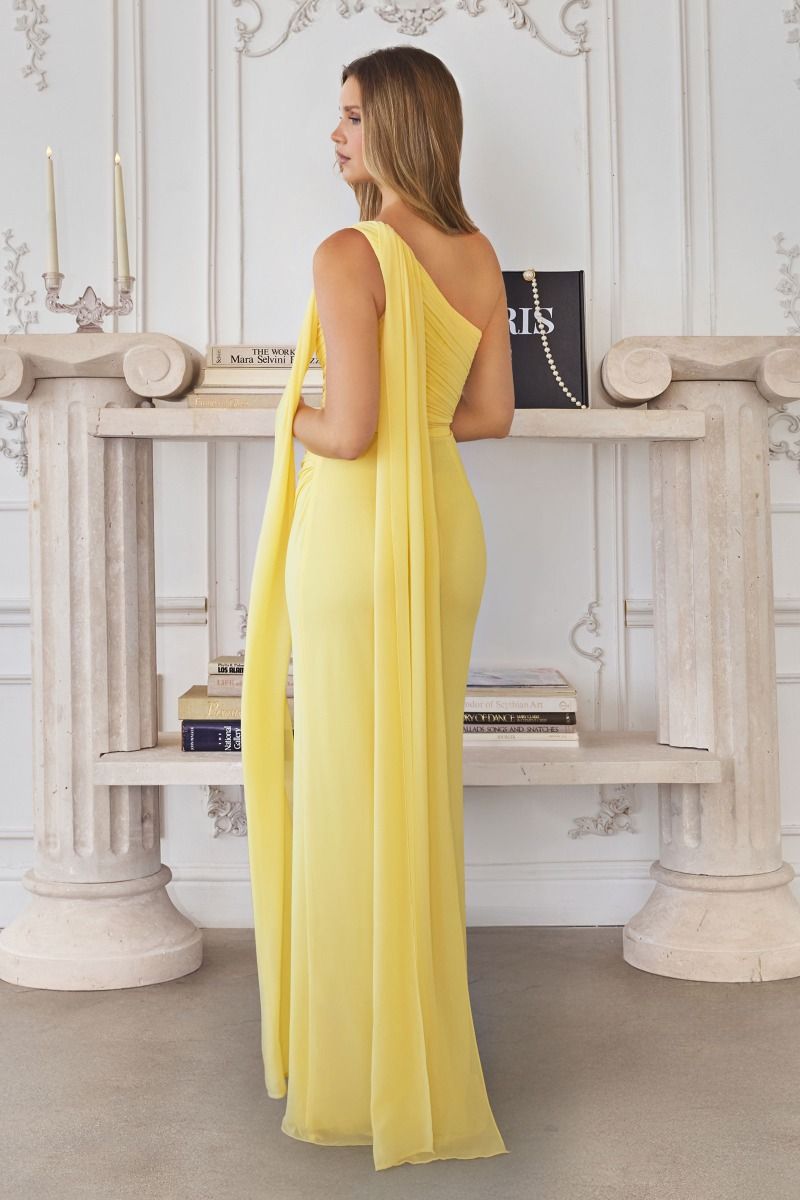 Elegant Light Yellow One-Shoulder Fitted Gown CDT730 - Cinderella Divine Evening Dress CDT730