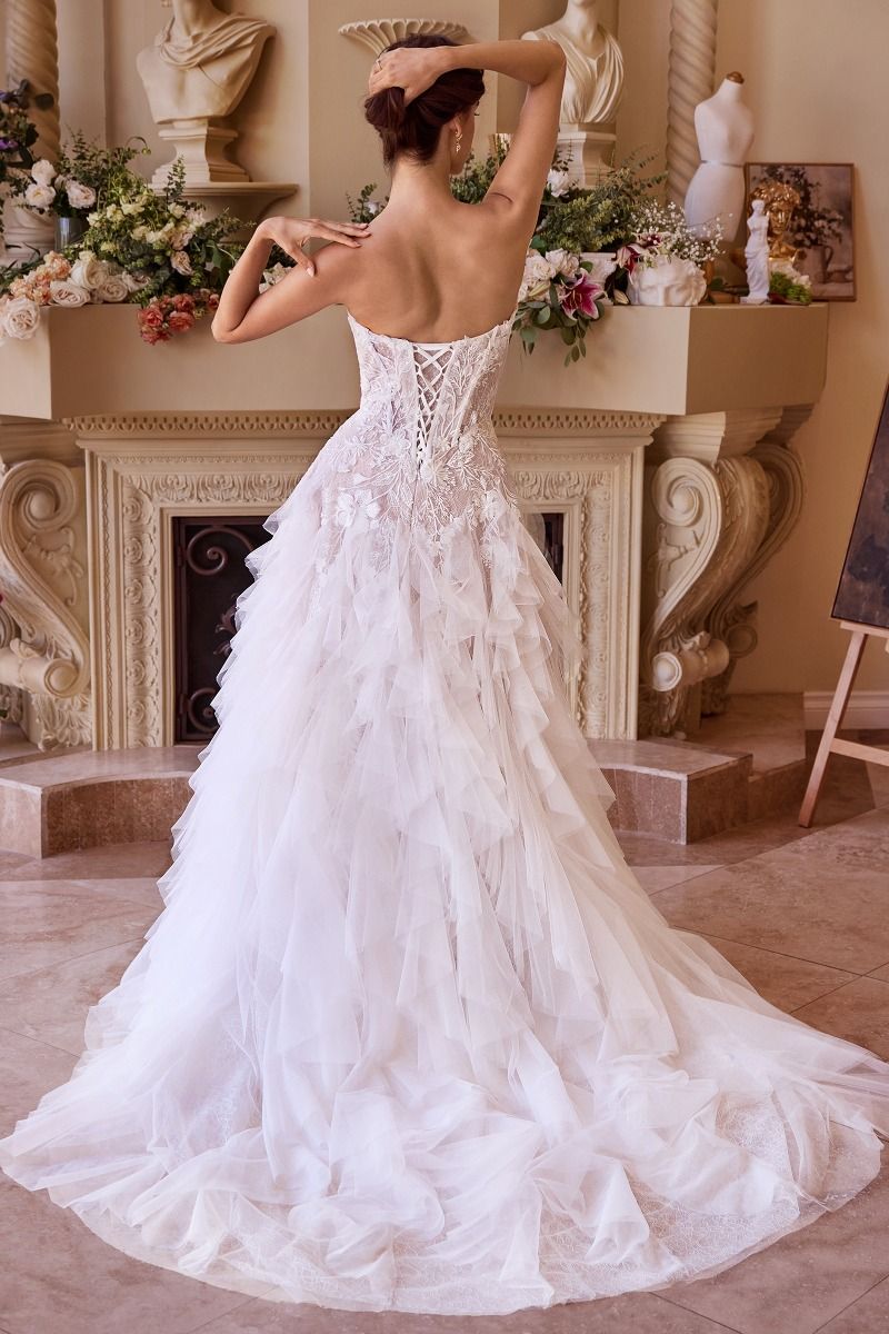 tiered lace wedding dress Strapless Corset Lace Wedding Gown with Layered Tulle Skirt