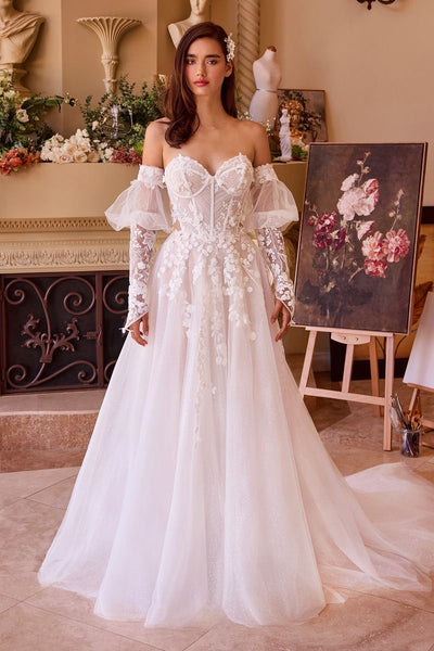 Whimsical Off-Shoulder Long Sleeve Lace Wedding Dress with 3D Floral Appliqués
