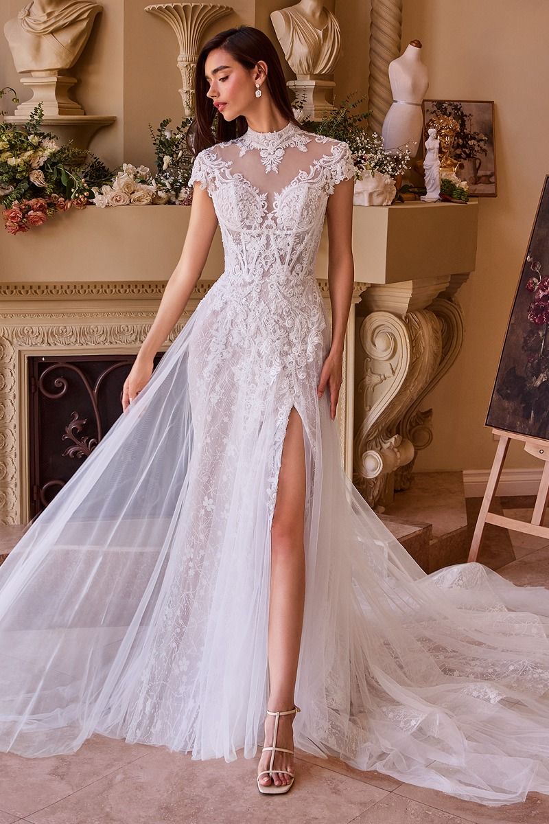 slim fit dress slacks LACE & TULLE SHORT SLEEVE WEDDING GOWN CDWL035