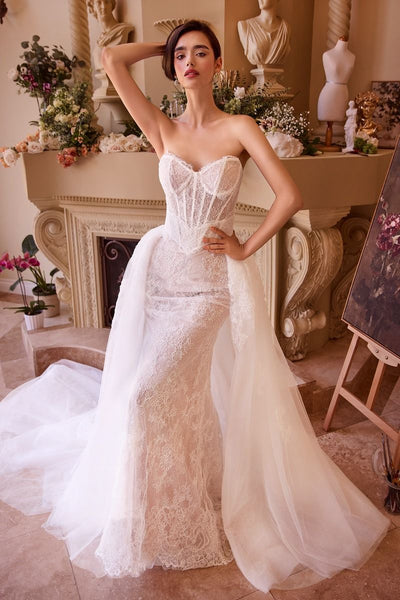 Strapless Lace Corset Wedding Gown with Detachable Tulle Overskirt – Elegant Bridal Couture