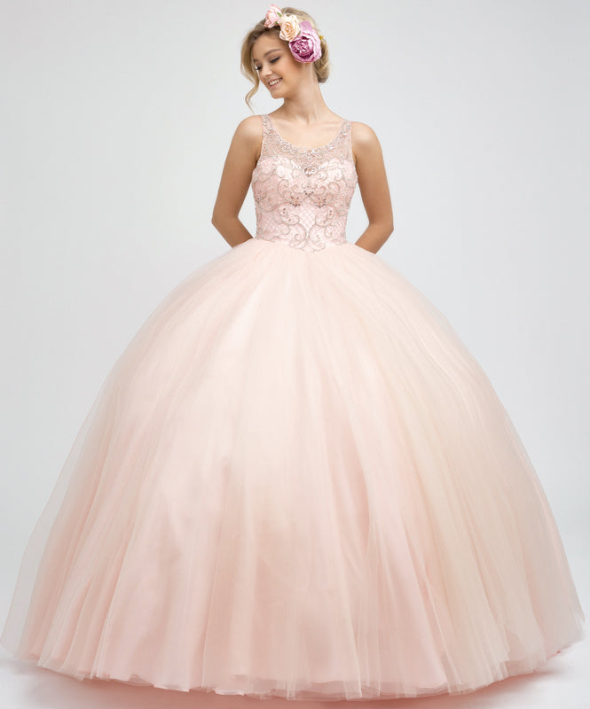 Beaded high neck bodice with keyhole back on tulle ball gown-smcdress