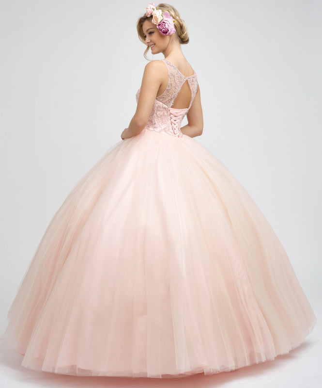 Beaded high neck bodice with keyhole back on tulle ball gown-smcdress