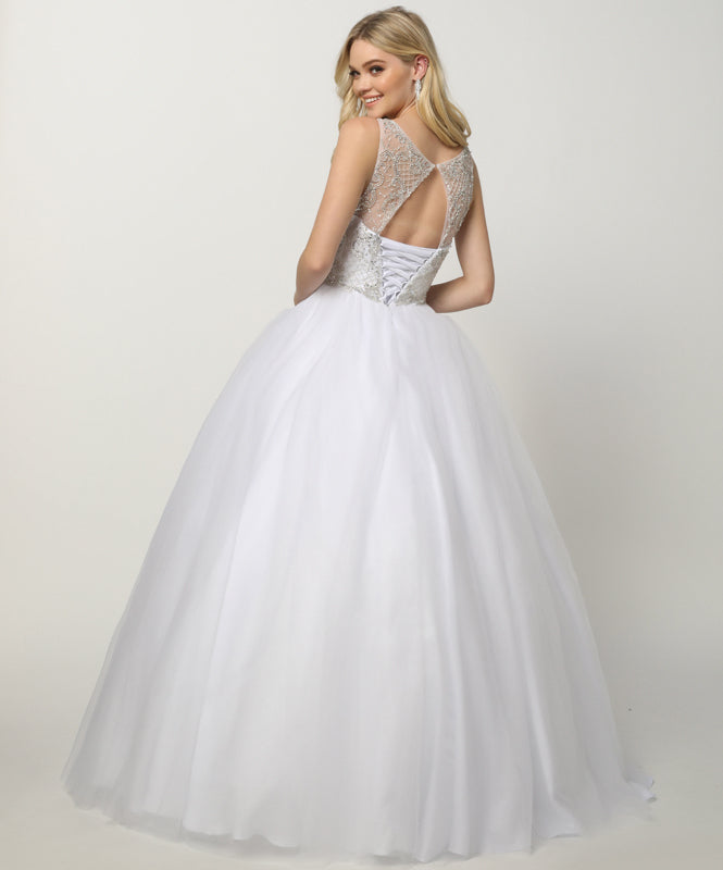 Beaded high neck bodice with keyhole back on tulle ball gown-smcdress