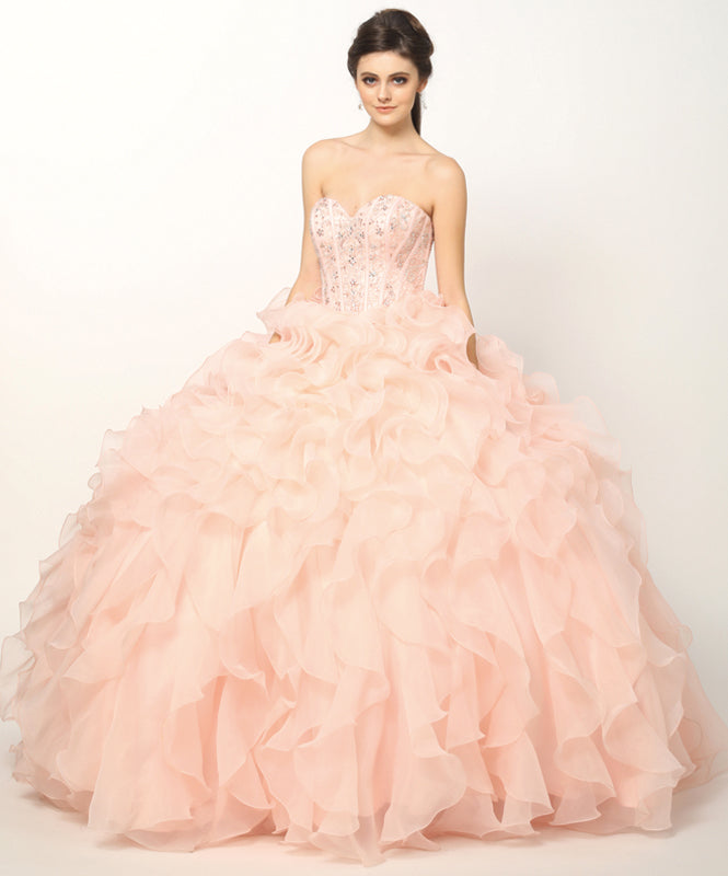 Beaded Corset Bodice with Organza Ruffle Skirt Ball Gown Quinceanera Dress-smcdress