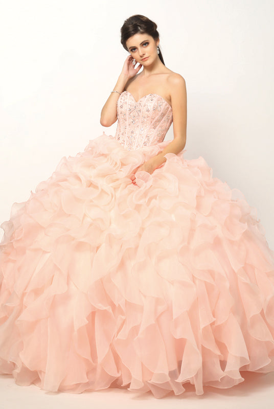 Beaded Corset Bodice with Organza Ruffle Skirt Ball Gown Quinceanera Dress-smcdress