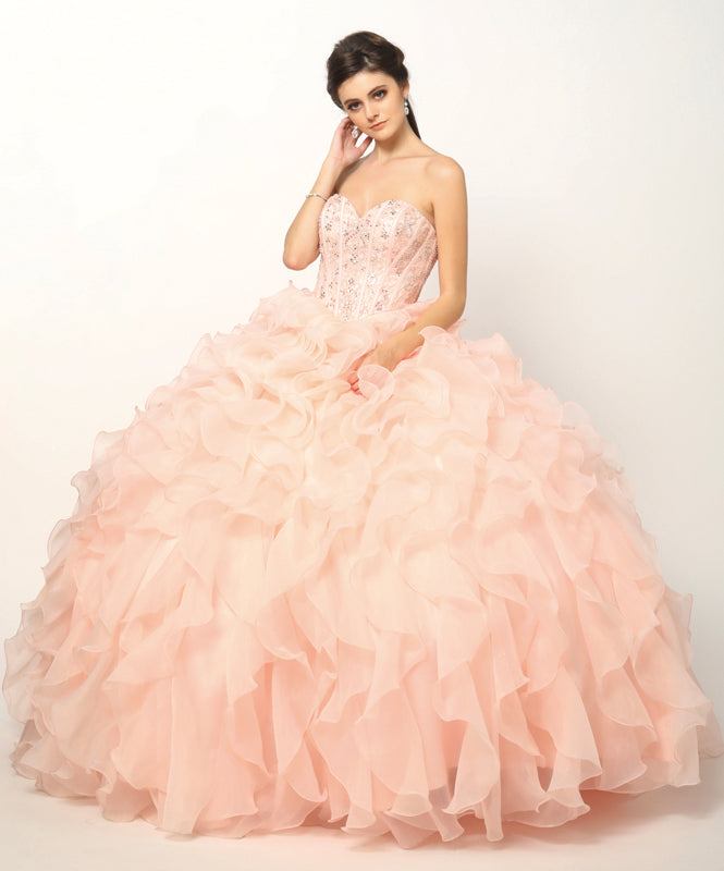 Beaded Corset Bodice with Organza Ruffle Skirt Ball Gown Quinceanera Dress-smcdress