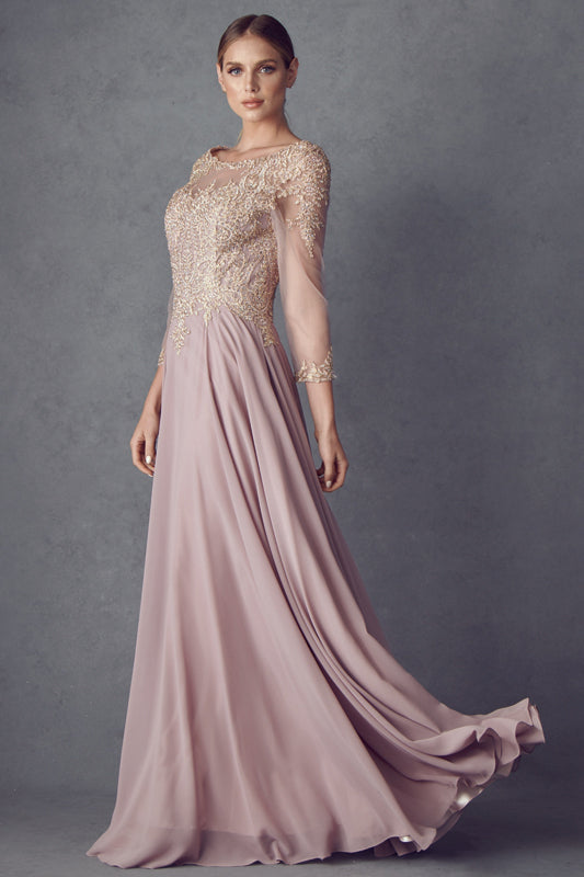Embroidered Lace Applique, Long Sleeves, Long Mother Of The Bride Dress-smcdress